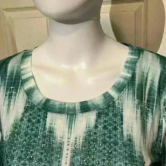 One World Womens 3/4 Sleeve Tunic Top Embellished Green Blouse Small - Picture 8 of 11
